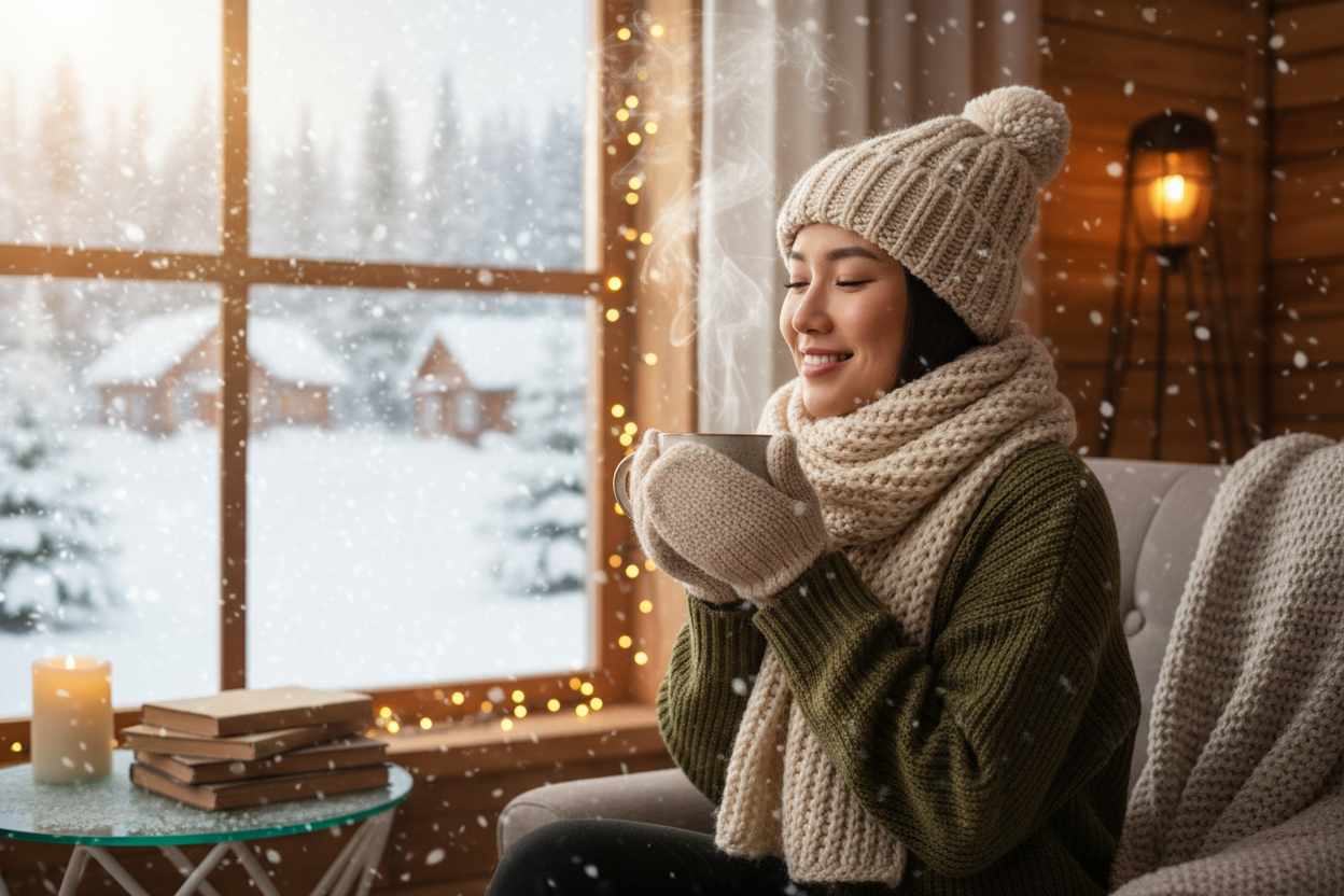 一個亞洲少女載着冬天的帽,雙手拿着一杯熱咖啡看着下雪