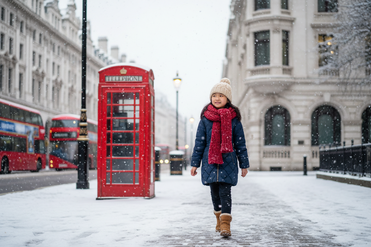 一個亞洲小女在下着雪的倫敦行走